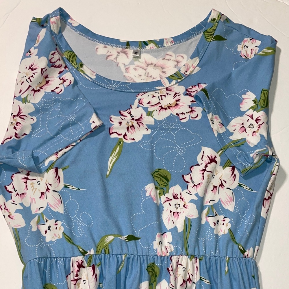 Light Blue Floral Maxi Dress with White & Pink Blooms - Picture 2 of 12